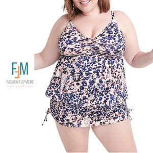 New! Ryllace Blue & Tan Print Tankini Swimsuit Set 18/20 UPF 50+ RARE FIND